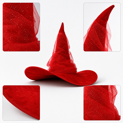 1pc Red Halloween Witch Hat with Very Tall Pointed Crown, Extra-Wide Floppy Brim and Sheer Glitter-Speckled Overlay for Cosplay Parties