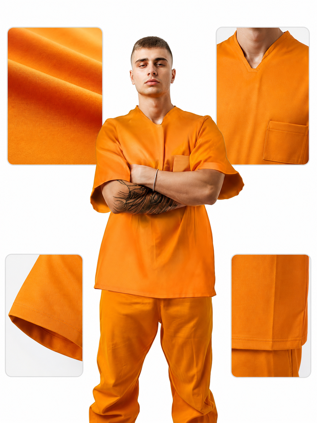 Men's Orange Prison Costume Two-Piece Set, Short-Sleeve Top With Chest Pocket And Matching Long Pants For Role Play
