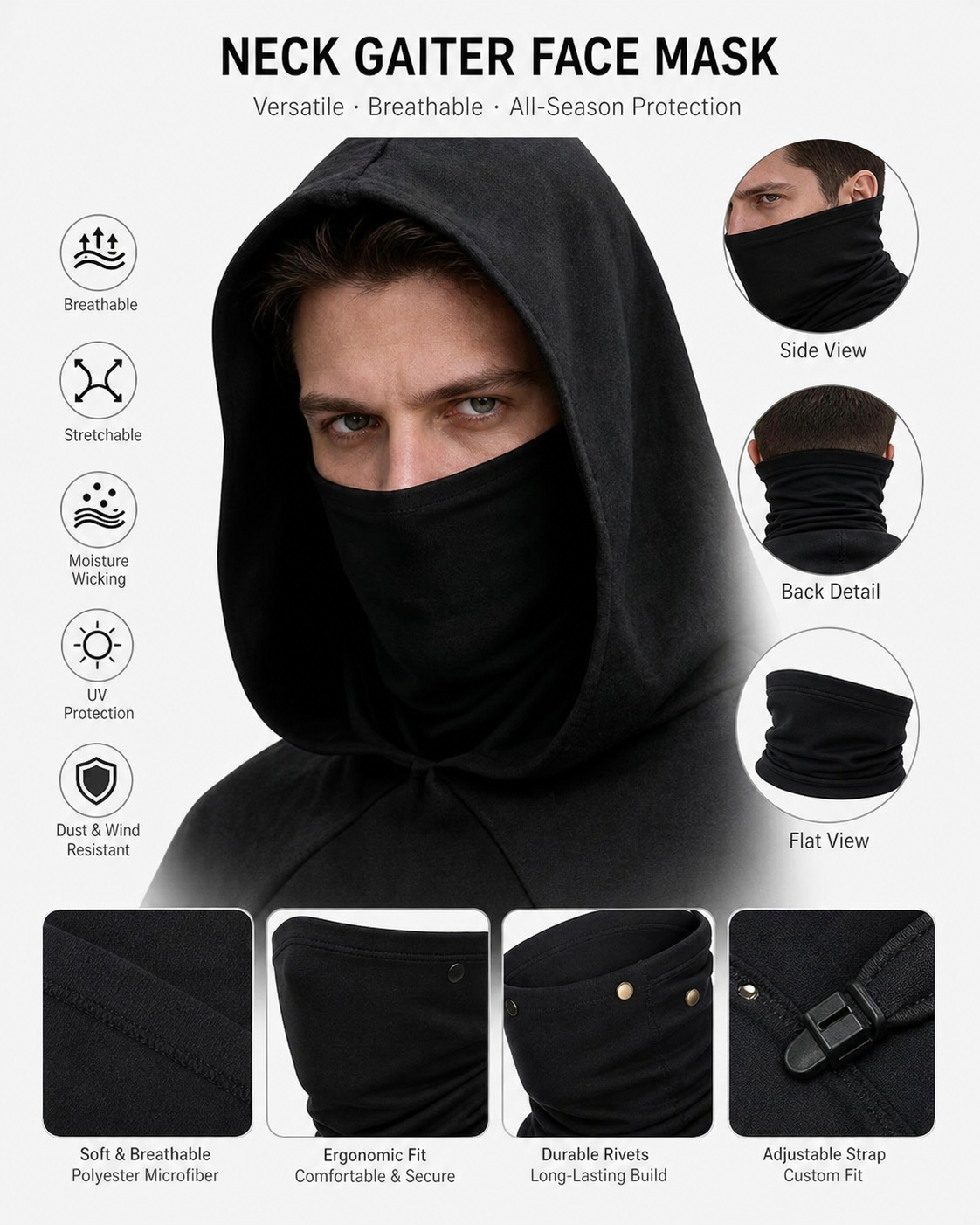 2pcs Hooded Cape and Tube Mask Set, Black Wide Shoulder Draped Style