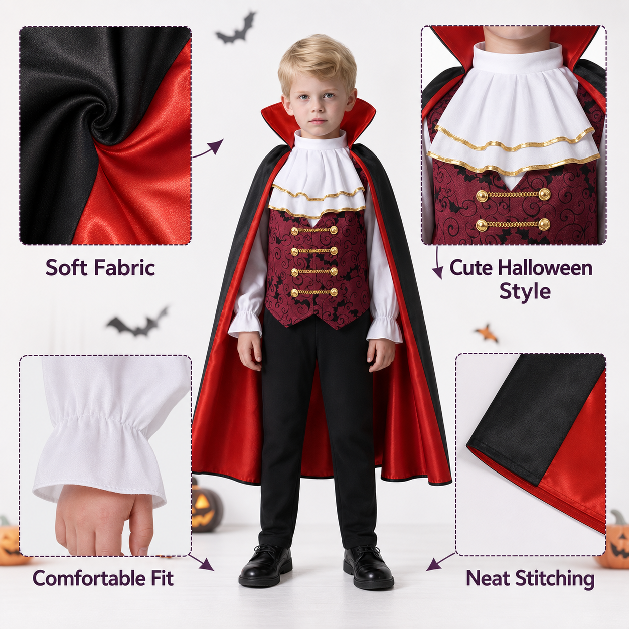 Vampire costume with cape and cane