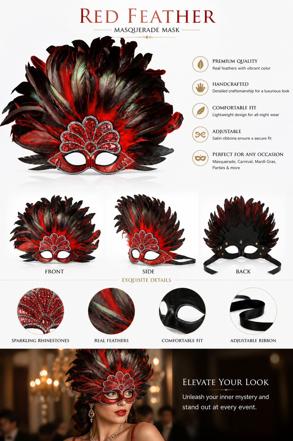 Information card showing front, side, and back views of the feathered accessory, plus close-ups of rhinestones, feathers, fit, and ribbon