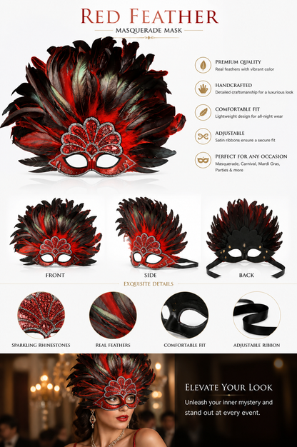 Information card showing front, side, and back views of the feathered accessory, plus close-ups of rhinestones, feathers, fit, and ribbon