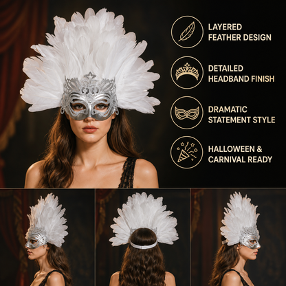 White feather silver masquerade mask product view 36