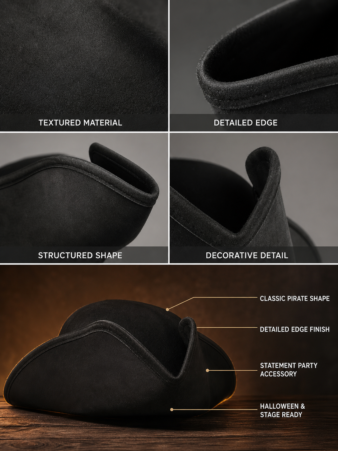 1pc Black Pirate Hat, Women's Three-Cornered Tricorn Costume Cap with Wide Curved Brim and Structured Crown for Cosplay, Halloween Parties and Themed Events