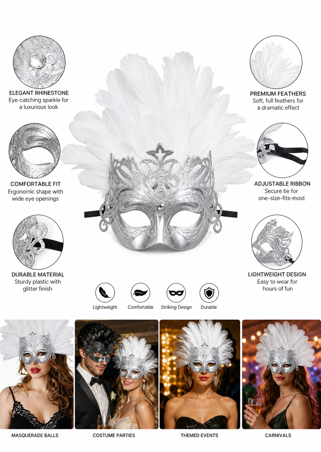 Mask with a white feather headdress and silver decoration