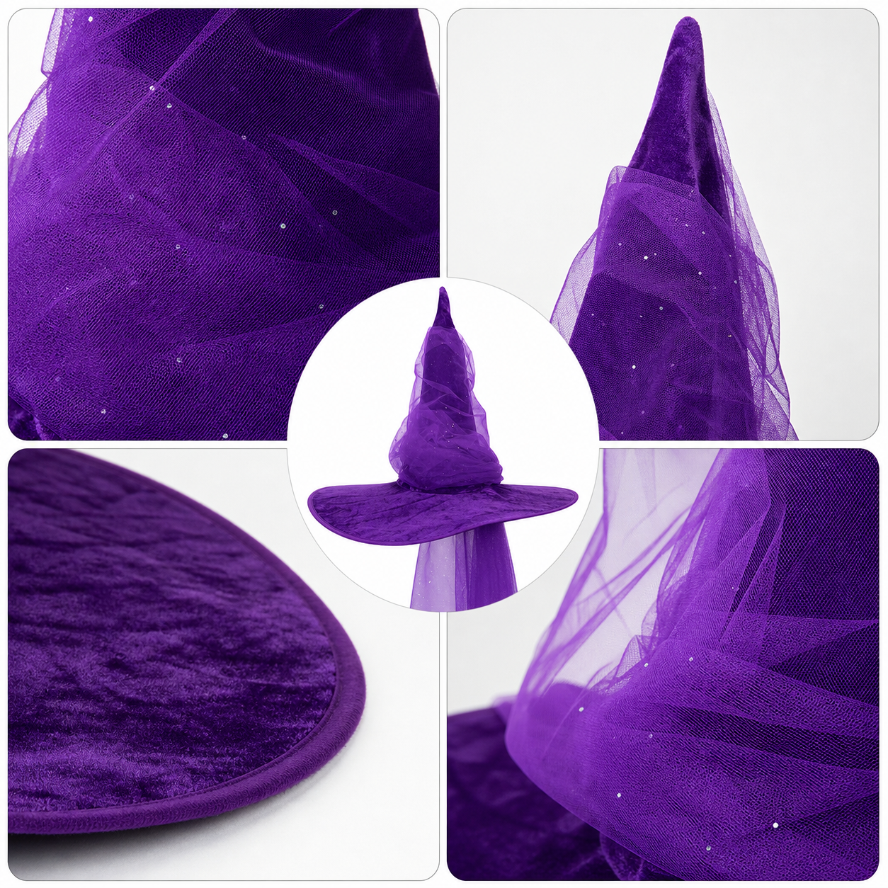 Purple Halloween Witch Hat for Women and Men, Tall Pointed Wide Floppy Brim with Layered Sheer Mesh Draping and Glitter-Like Specks for Cosplay Costume Party
