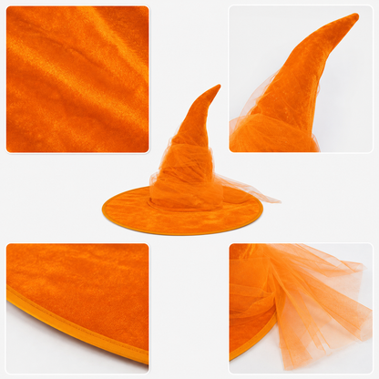 Orange Halloween Witch Hat with Very Tall Curved Pointed Crown, Wide Wavy Brim and Attached Sheer Veil for Costume Parties