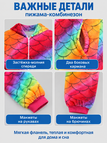 Flannel Rainbow Scale Print Jumpsuit Pajamas