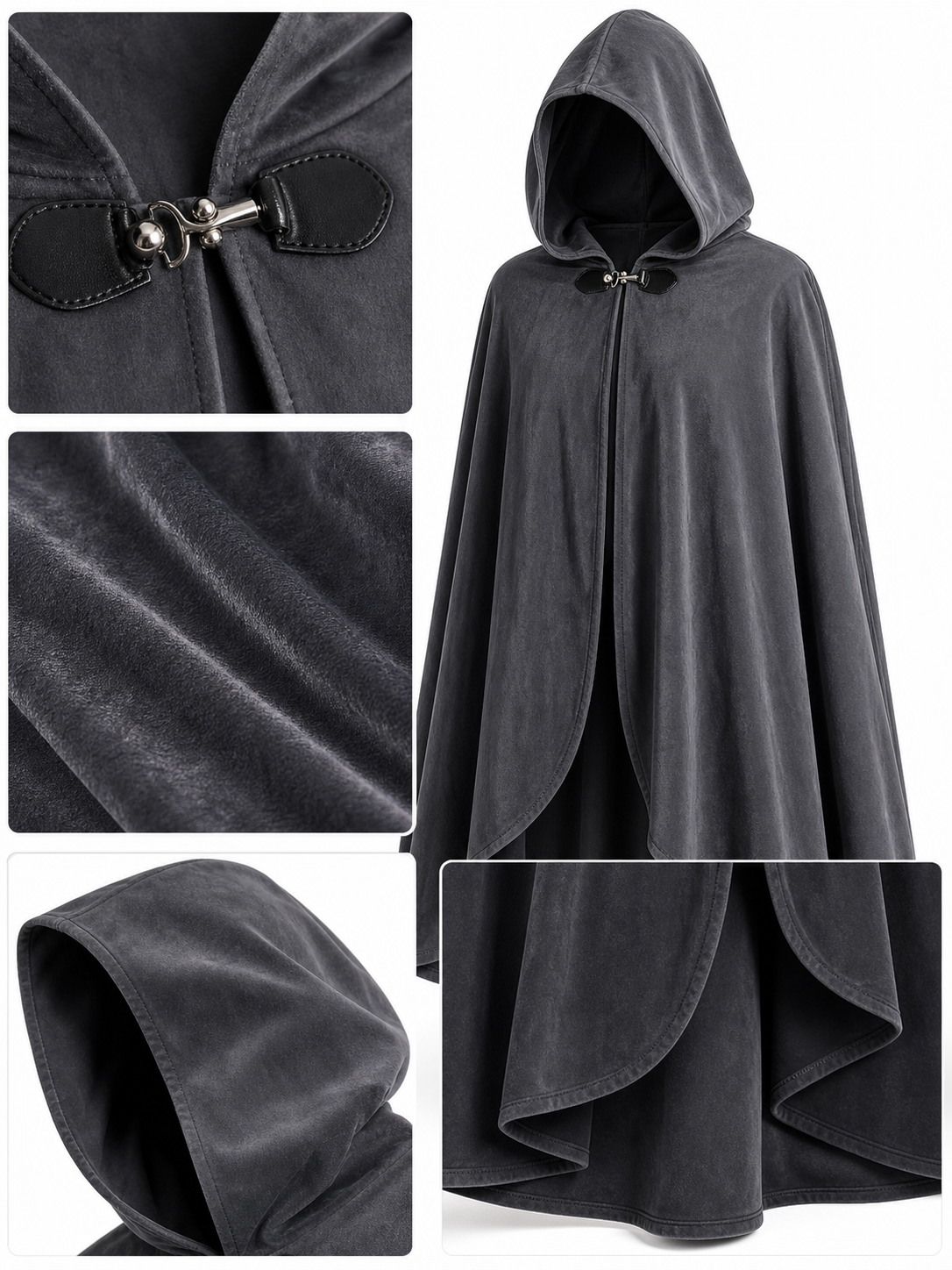 Adult Fantasy Hooded Cape, Long Dark Gray Cloak With Front Tie Closure, Wide detail view 2