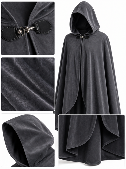Adult Fantasy Hooded Cape, Long Dark Gray Cloak With Front Tie Closure, Wide detail view 2