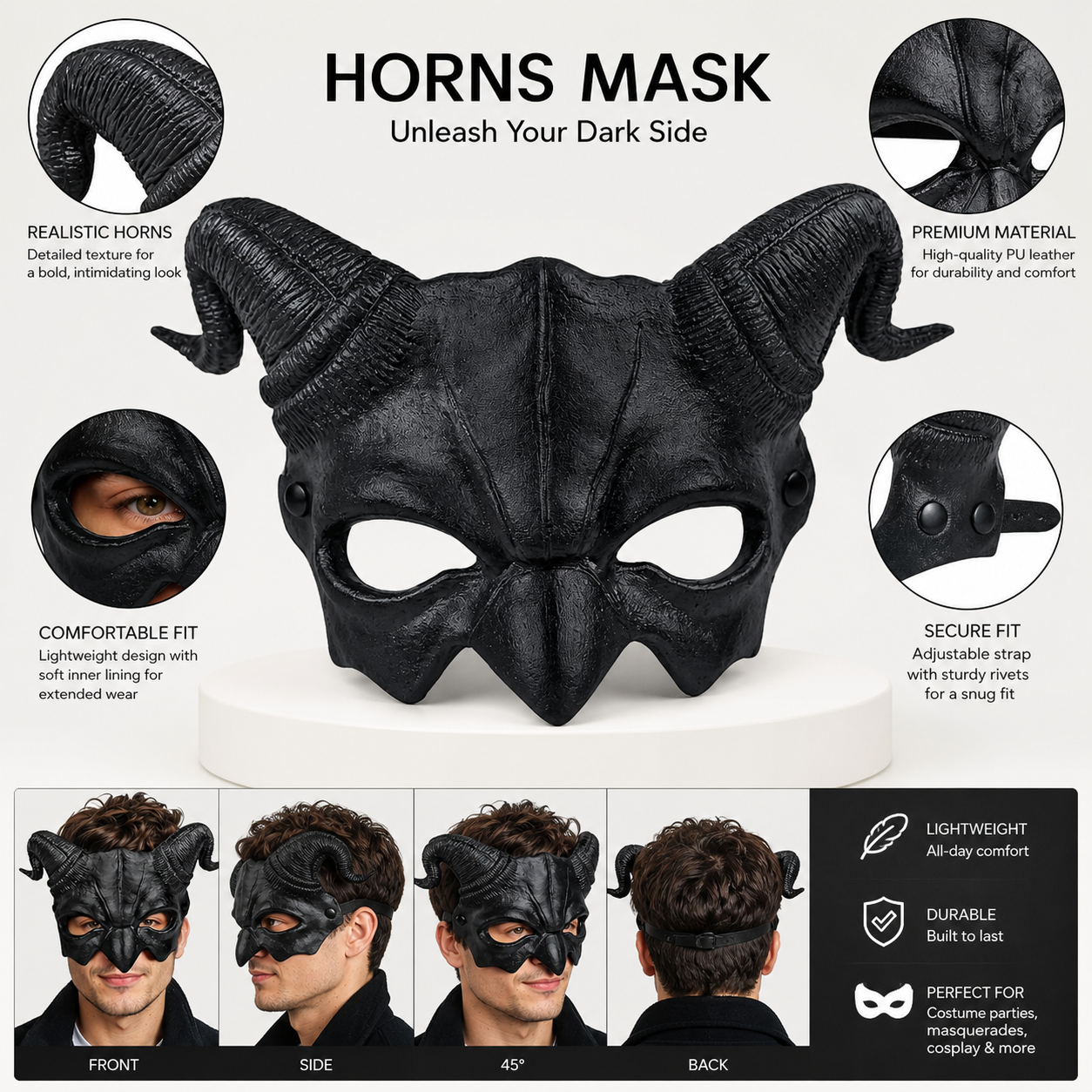 1pc Halloween Horned Demon Half Face Mask, Black Sculpted Design for Cosplay Party