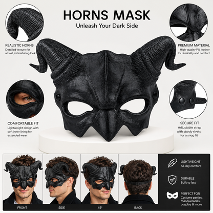 1pc Halloween Horned Demon Half Face Mask, Black Sculpted Design for Cosplay Party