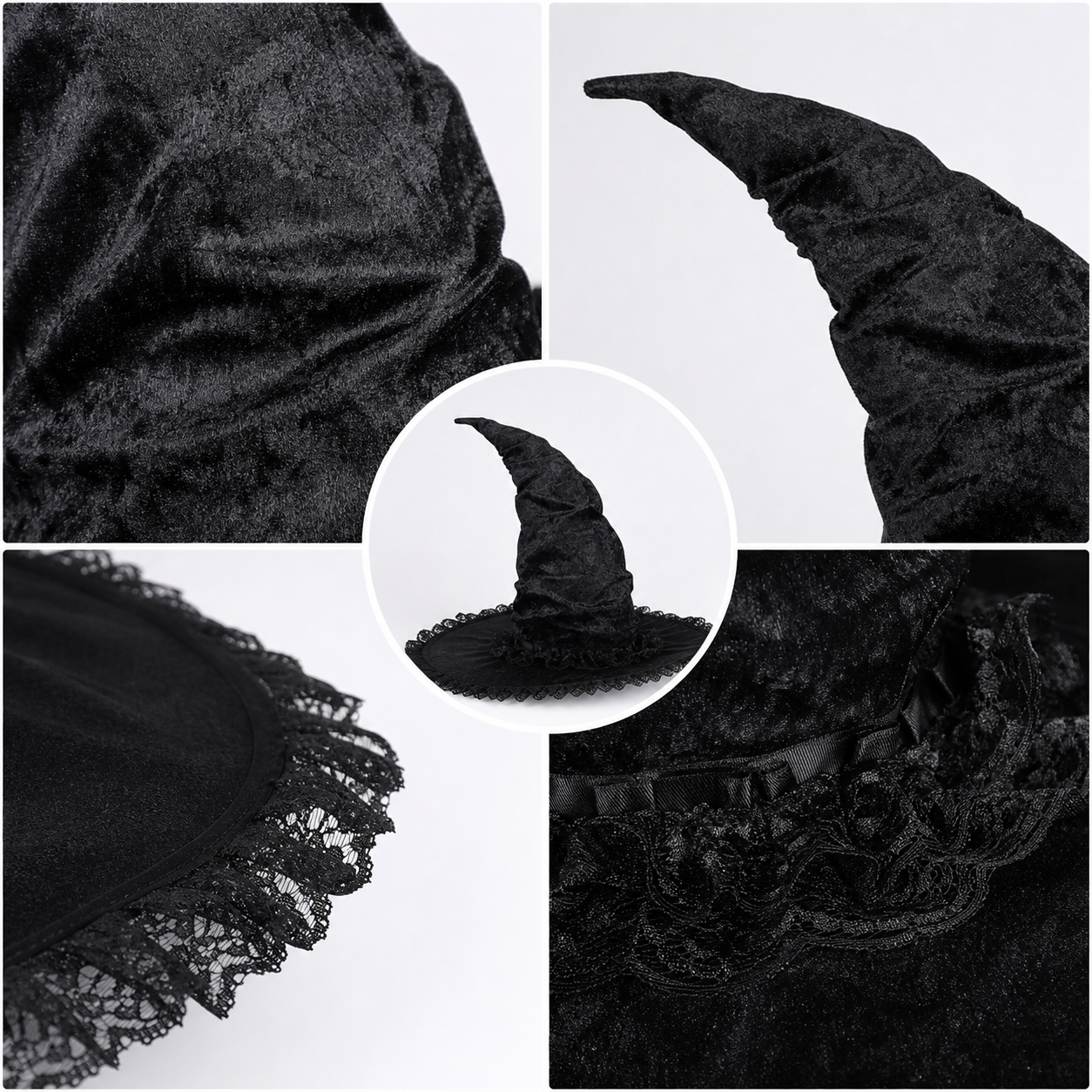 Black Halloween Witch Hat with Tall Crooked Pointed Crown, Wide Brim, Ruched Textured Velvet-Like Fabric and Lace Trim Gothic Costume Accessory for Cosplay Party Photo Shoot