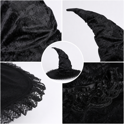 Black Halloween Witch Hat with Tall Crooked Pointed Crown, Wide Brim, Ruched Textured Velvet-Like Fabric and Lace Trim Gothic Costume Accessory for Cosplay Party Photo Shoot
