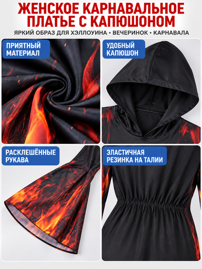Carnival Dress with Hood, Black with Flame Print