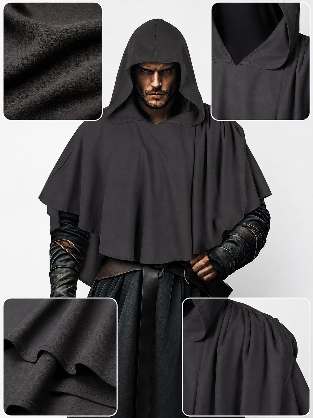 Dark Gray Hooded Poncho Cloak Costume product view 21
