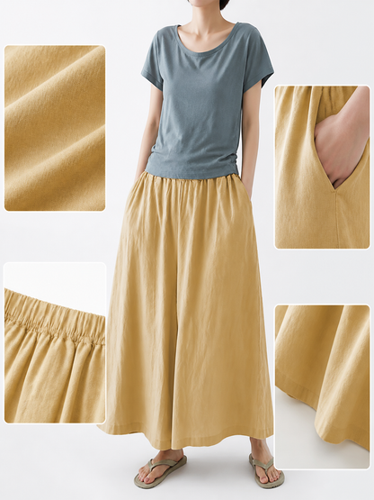 Apricot Wide Leg Pants, Elastic Waist Long Trousers with Two Side Pockets detail view 2