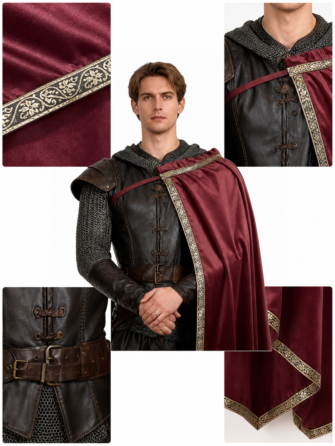 Burgundy velvet-look hooded costume cape product view 55
