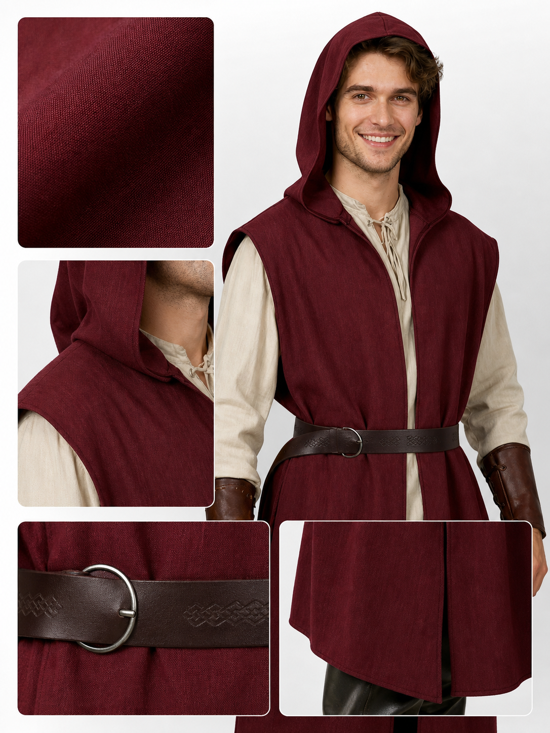 Adult Medieval Fantasy Hooded Cape, Wine Red Sleeveless Long Split-Hem Cloak detail view 4