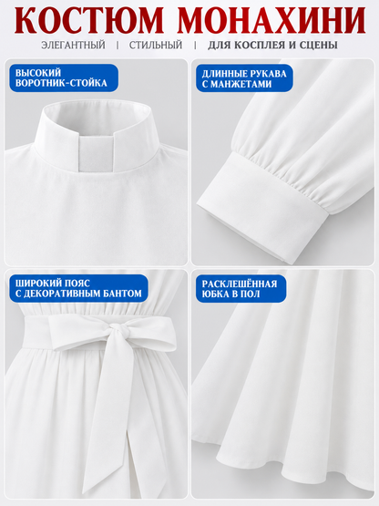 White nun costume made of linen and polyester with belt