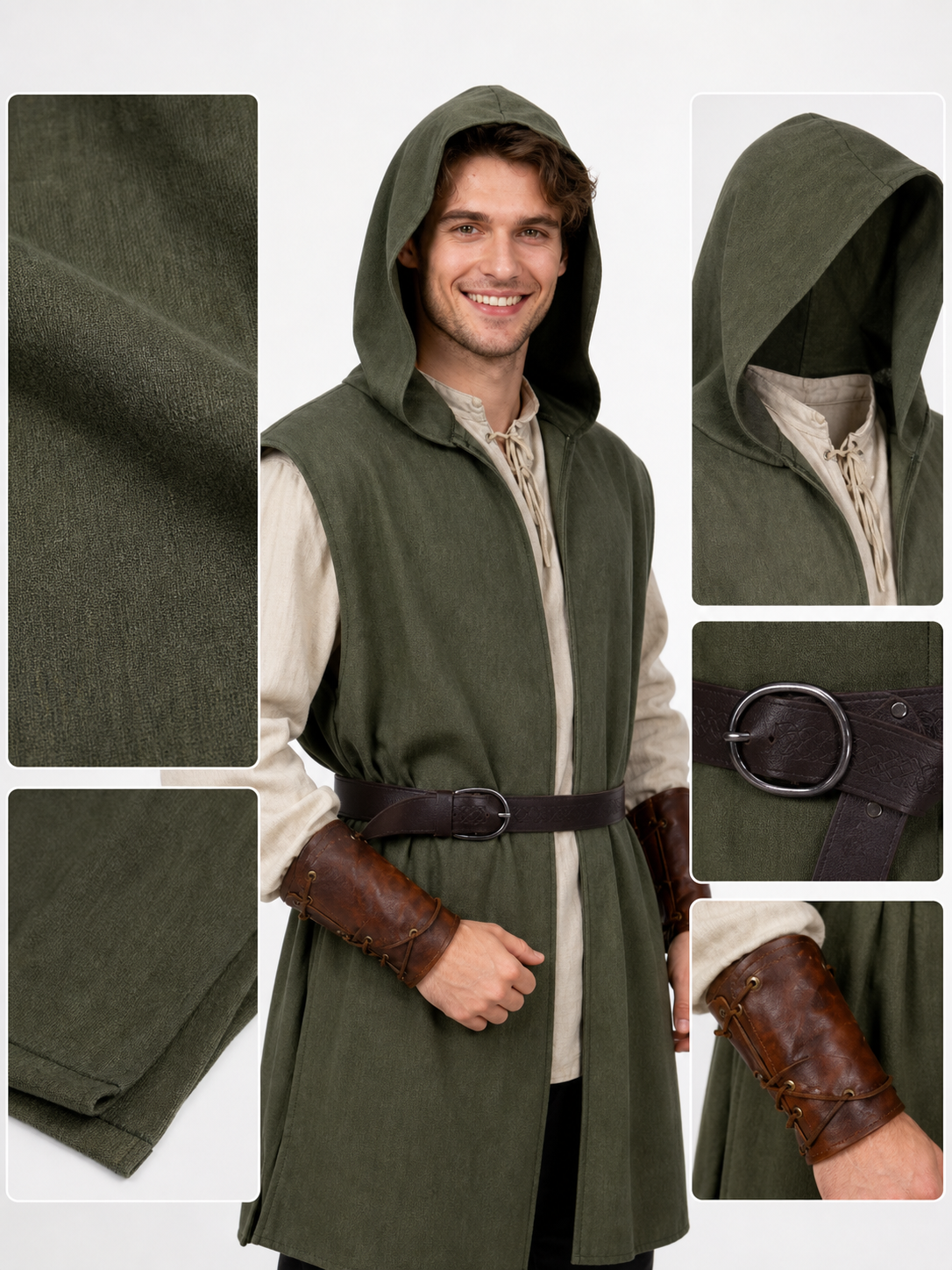 Medieval Fantasy Costume Sleeveless Hooded Long Vest, Open Front Design With Waist Belt For Cosplay And Costume Performances