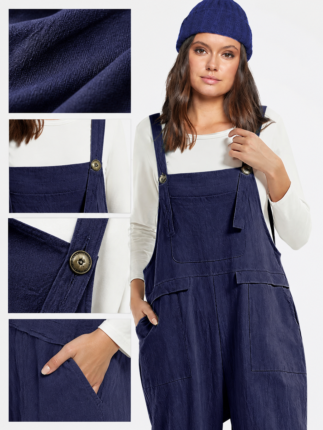 Information card showing navy fabric texture and close-ups of the bib seam, metal strap button, and angled front pocket