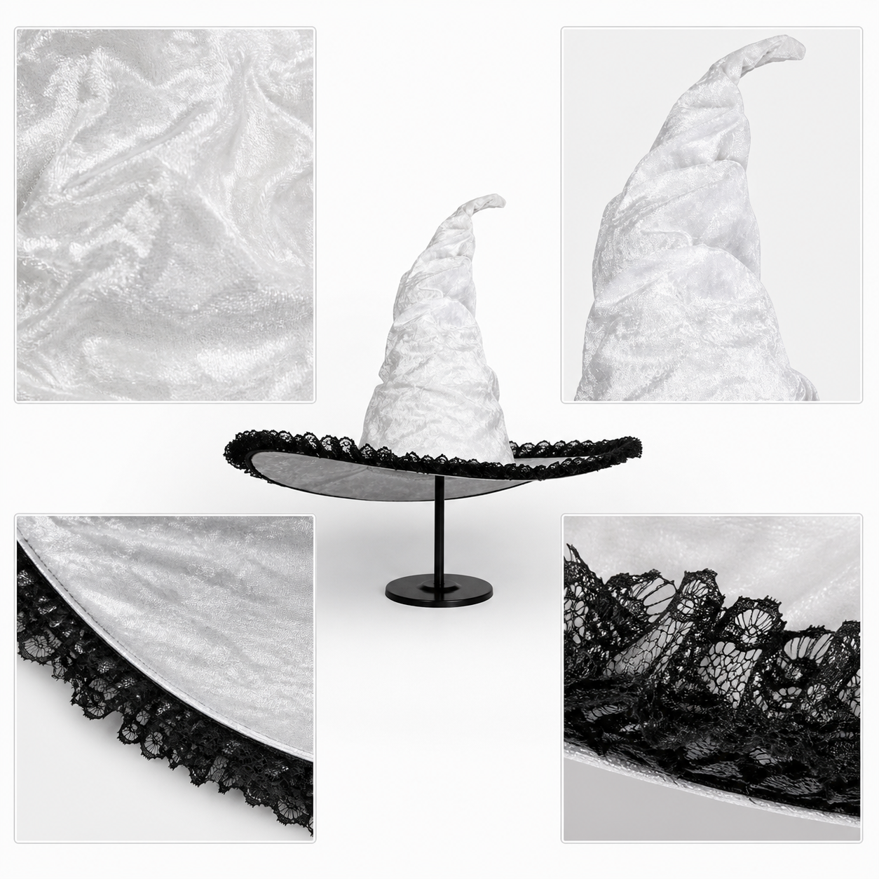 Light Gray White Halloween Witch Hat with Black Lace Trim, Tall Bent Pointed Crown and Wide Brim for Witch Cosplay Costume Party