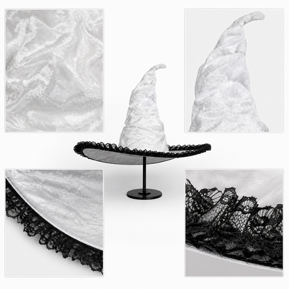 Light Gray White Halloween Witch Hat with Black Lace Trim, Tall Bent Pointed Crown and Wide Brim for Witch Cosplay Costume Party