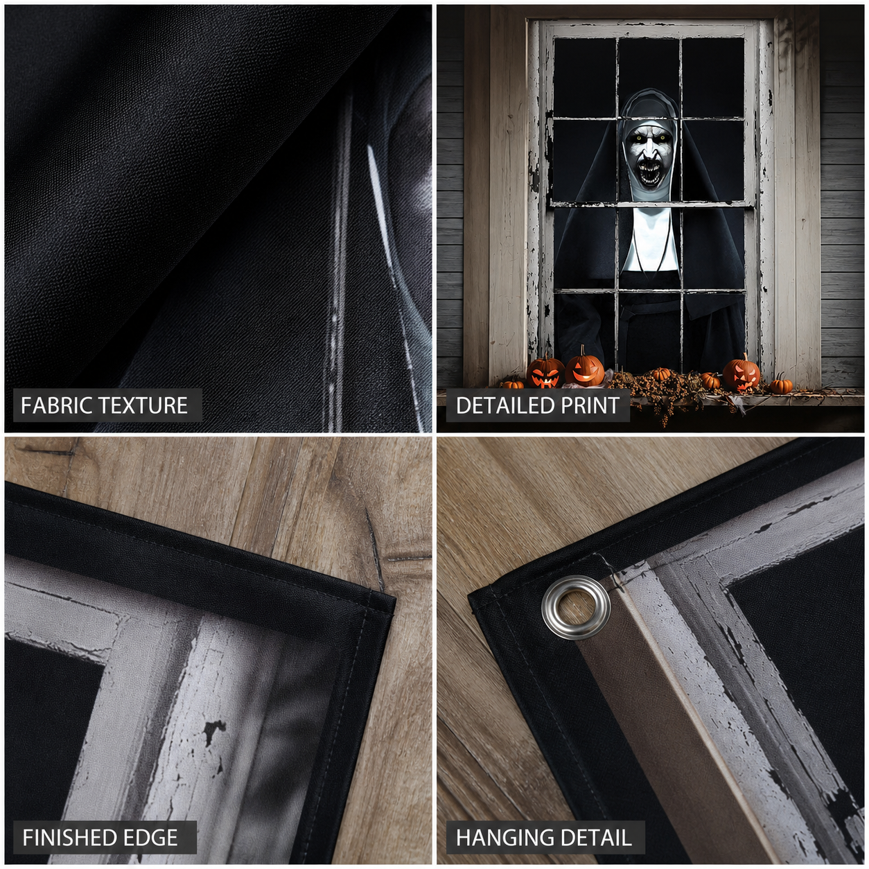 1pc Horror Nun Pattern Wall Cloth, Creepy Window Scene Backdrop Banner, Black detail view 2