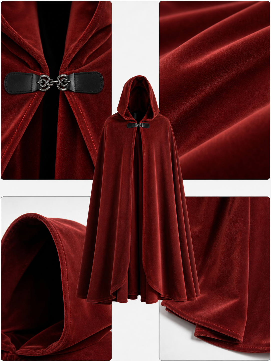 Medieval Hooded Cape with Oversized Hood, Burgundy Velvet-Like Flowing Cloak for Cosplay, Halloween, Themed Parties and Stage Performances