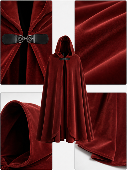 Medieval Hooded Cape with Oversized Hood, Burgundy Velvet-Like Flowing Cloak for Cosplay, Halloween, Themed Parties and Stage Performances