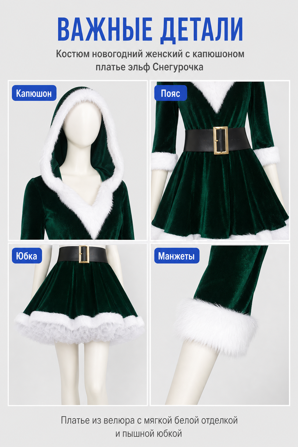 Green Santa Christmas Dress with White Fur detail view