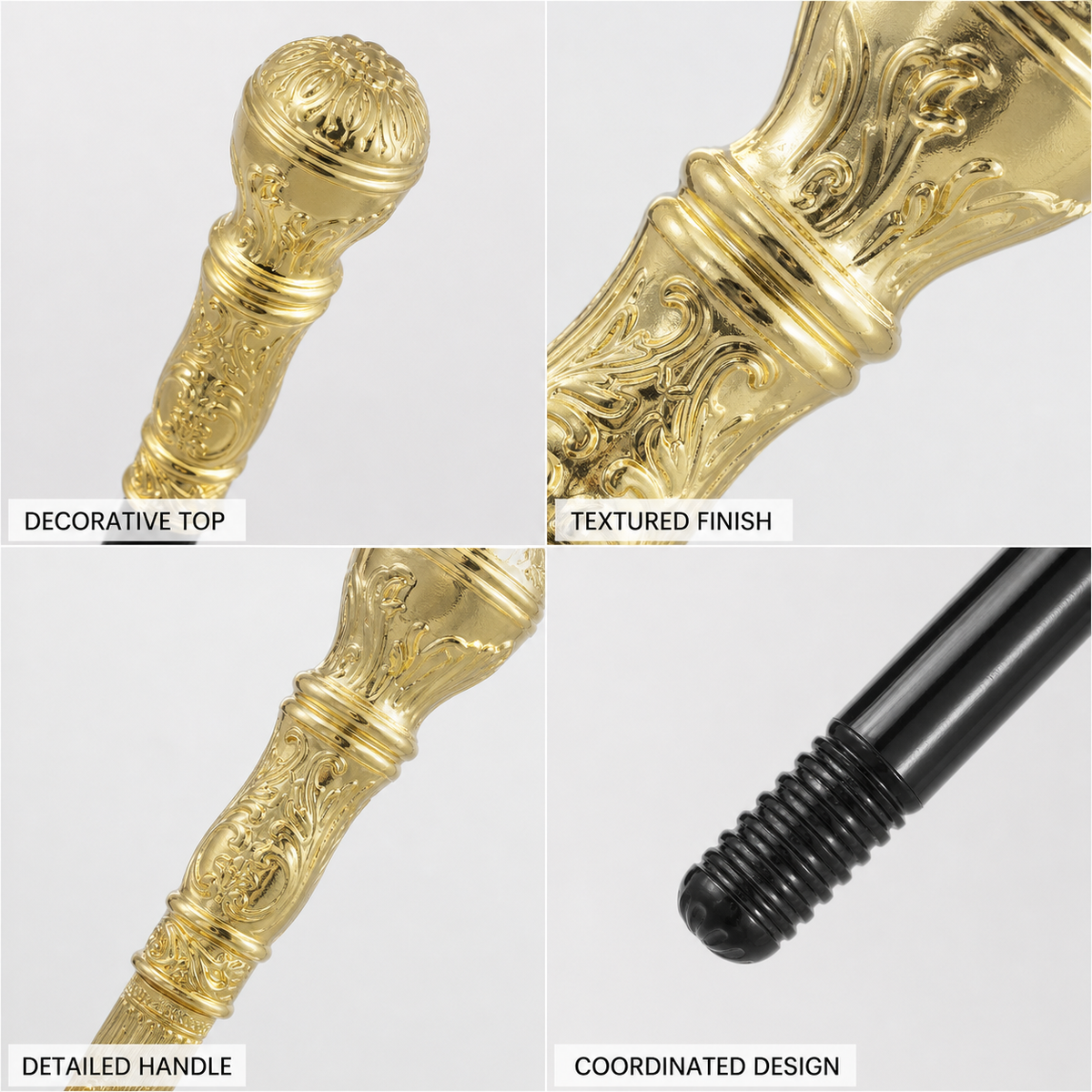 Information card showing close-ups of the wand’s decorative top, textured gold-tone handle, black shaft, and ridged end