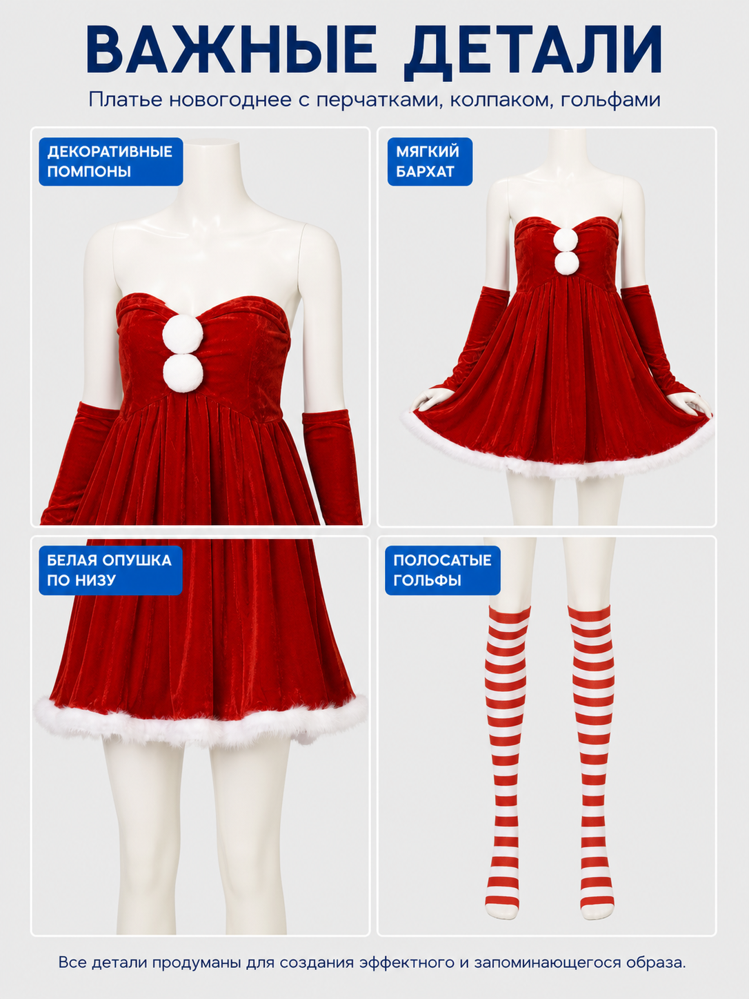Red Santa Christmas Costume with Full Skirt and Hat detail view