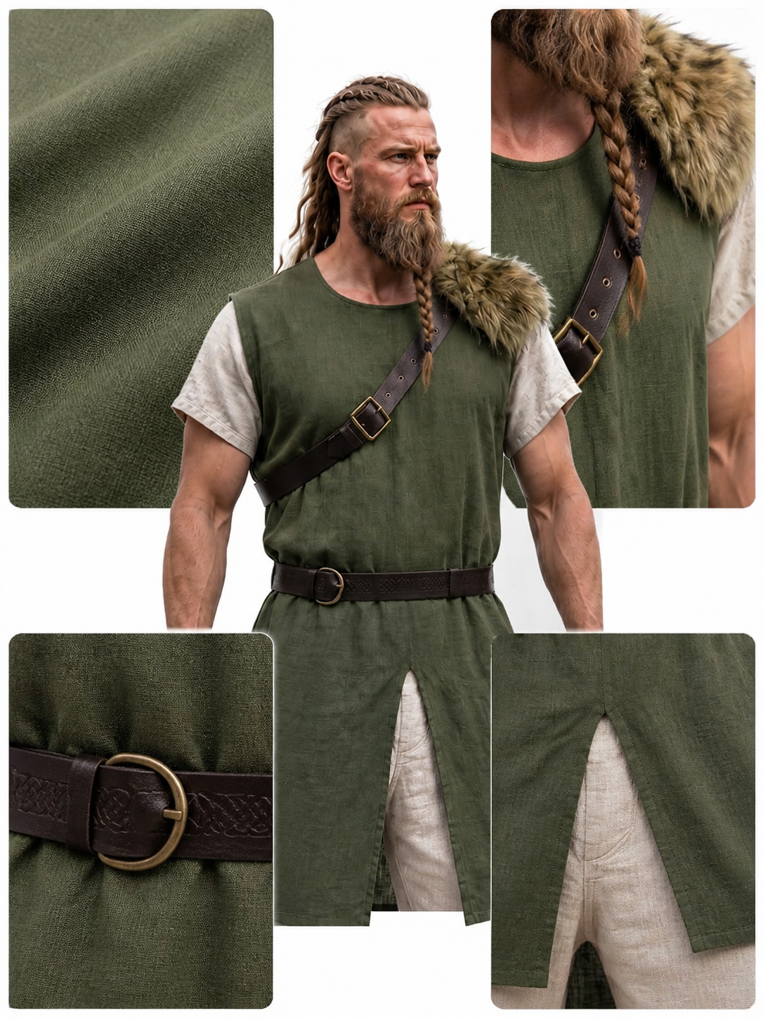 Green fur-trimmed belted costume vest product view 18
