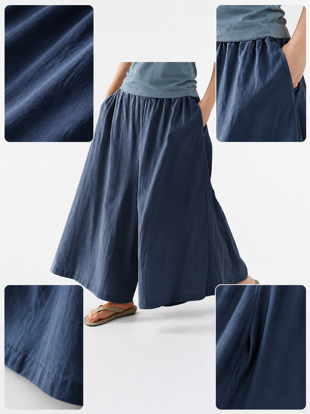 Information card showing fabric texture, side pocket, elastic waistband, flowing leg, and hem details