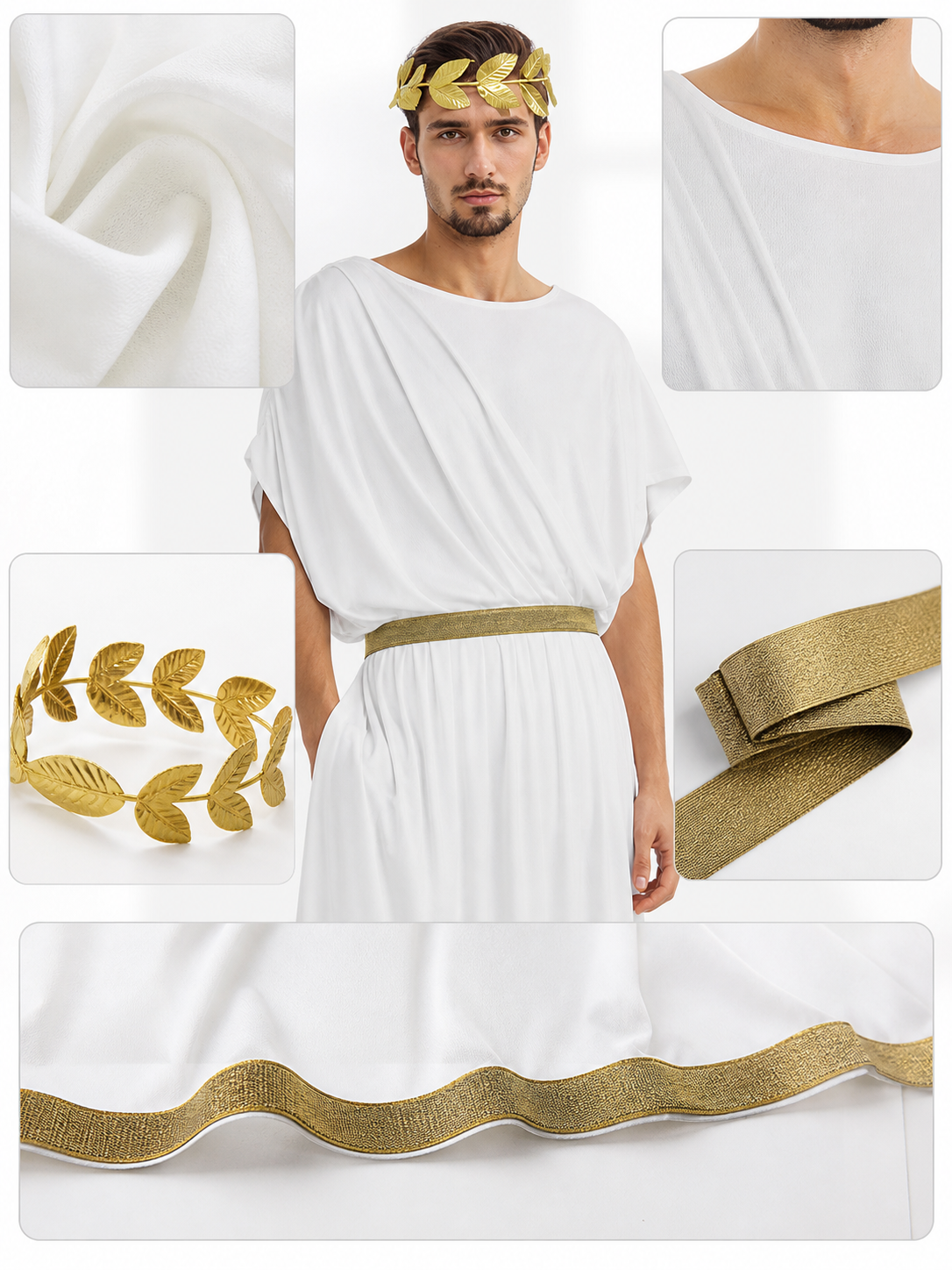Adult Men's Ancient Greek Costume Set, 3pcs Draped Robe With Gold Trim, Waist Belt And Laurel Wreath For Cosplay Theme Parties
