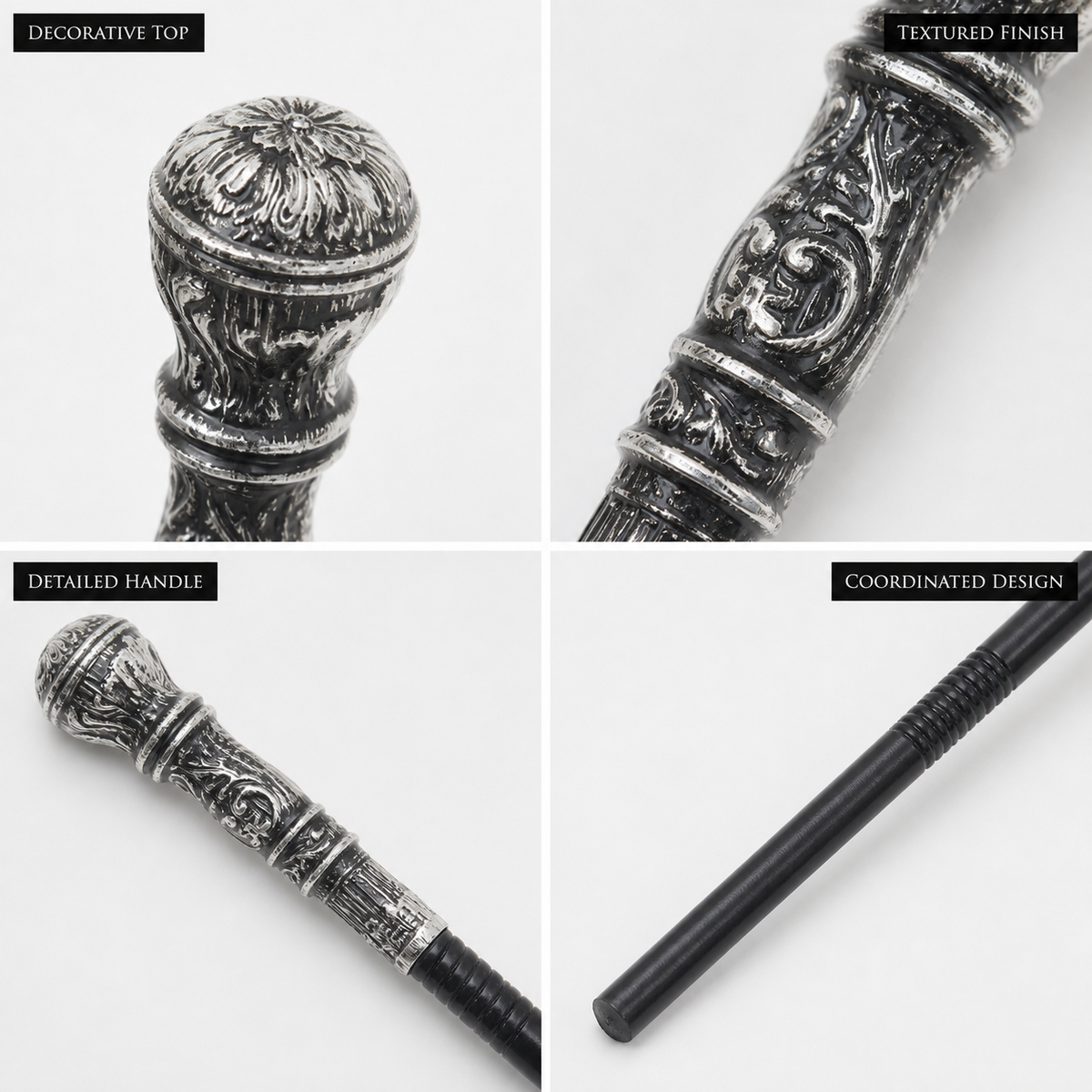 Information card showing the cane's decorative top, textured silver handle, detailed grip, and black shaft