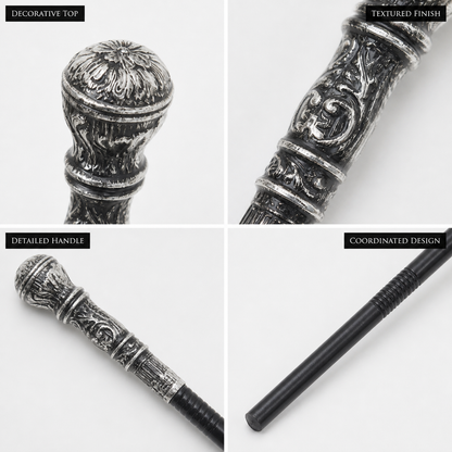Information card showing the cane's decorative top, textured silver handle, detailed grip, and black shaft