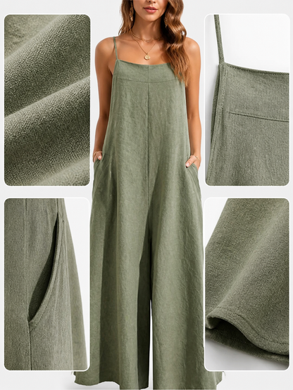 Information card showing an olive green jumpsuit with close-ups of the fabric texture, neckline seam, side pocket, and hem