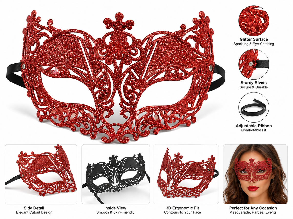 Information card showing the red glitter mask with close-up details of its glitter surface, rivets, ribbon, and side views
