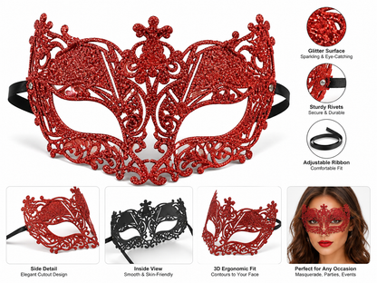 Information card showing the red glitter mask with close-up details of its glitter surface, rivets, ribbon, and side views