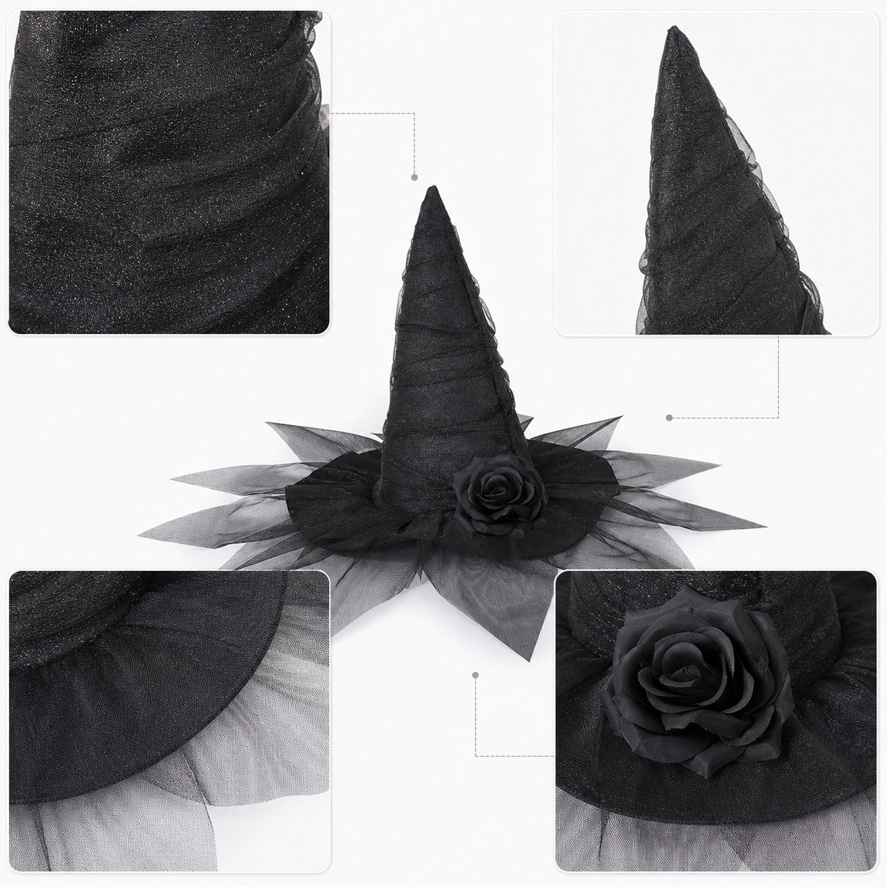 Black Halloween Witch Hat with Black Rose, Tall Pointed Wide Brim Mesh Costume Hat for Gothic Parties and Decorations