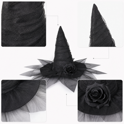 Black Halloween Witch Hat with Black Rose, Tall Pointed Wide Brim Mesh Costume Hat for Gothic Parties and Decorations