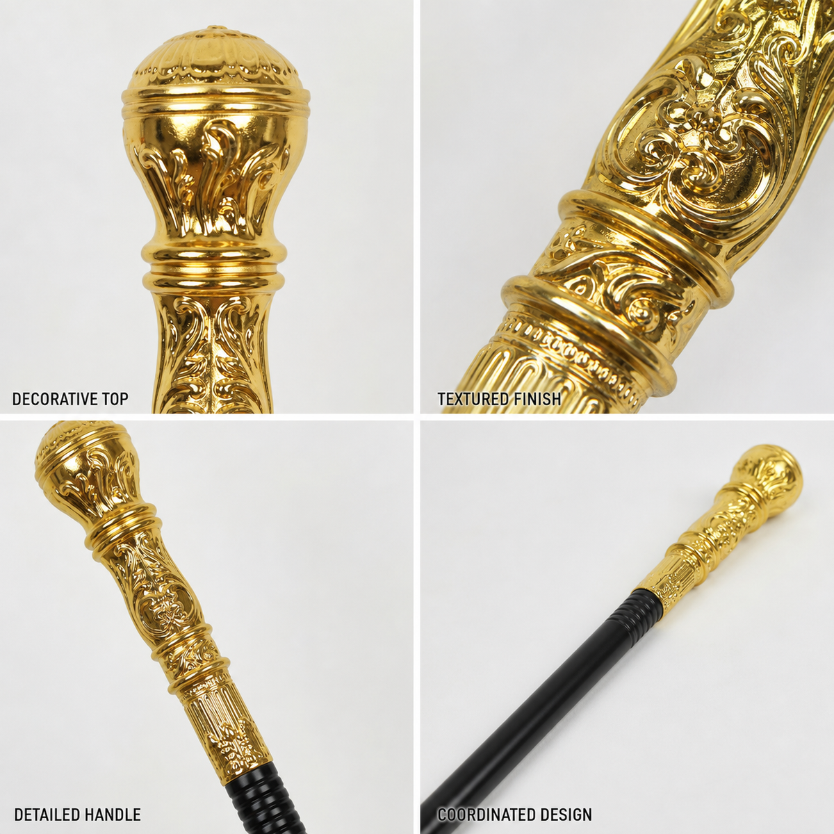 Information card showing close-up views of the rounded gold top, textured handle, detailed grip, and black shaft