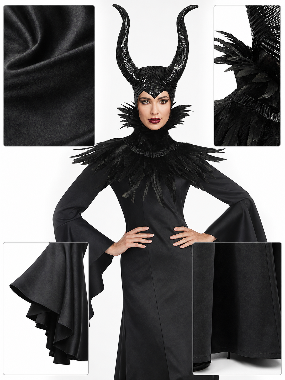 Black Gothic Witch Costume Dress With Horned Headpiece, Feather-Like Trim And Decorative Staff For Halloween Cosplay Parties