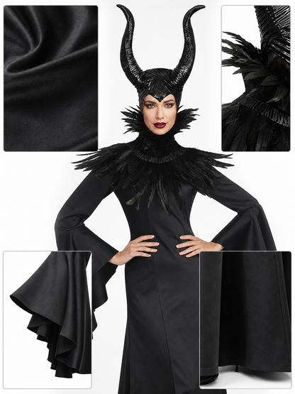 Black Gothic Witch Costume Dress With Horned Headpiece, Feather-Like Trim And Decorative Staff For Halloween Cosplay Parties