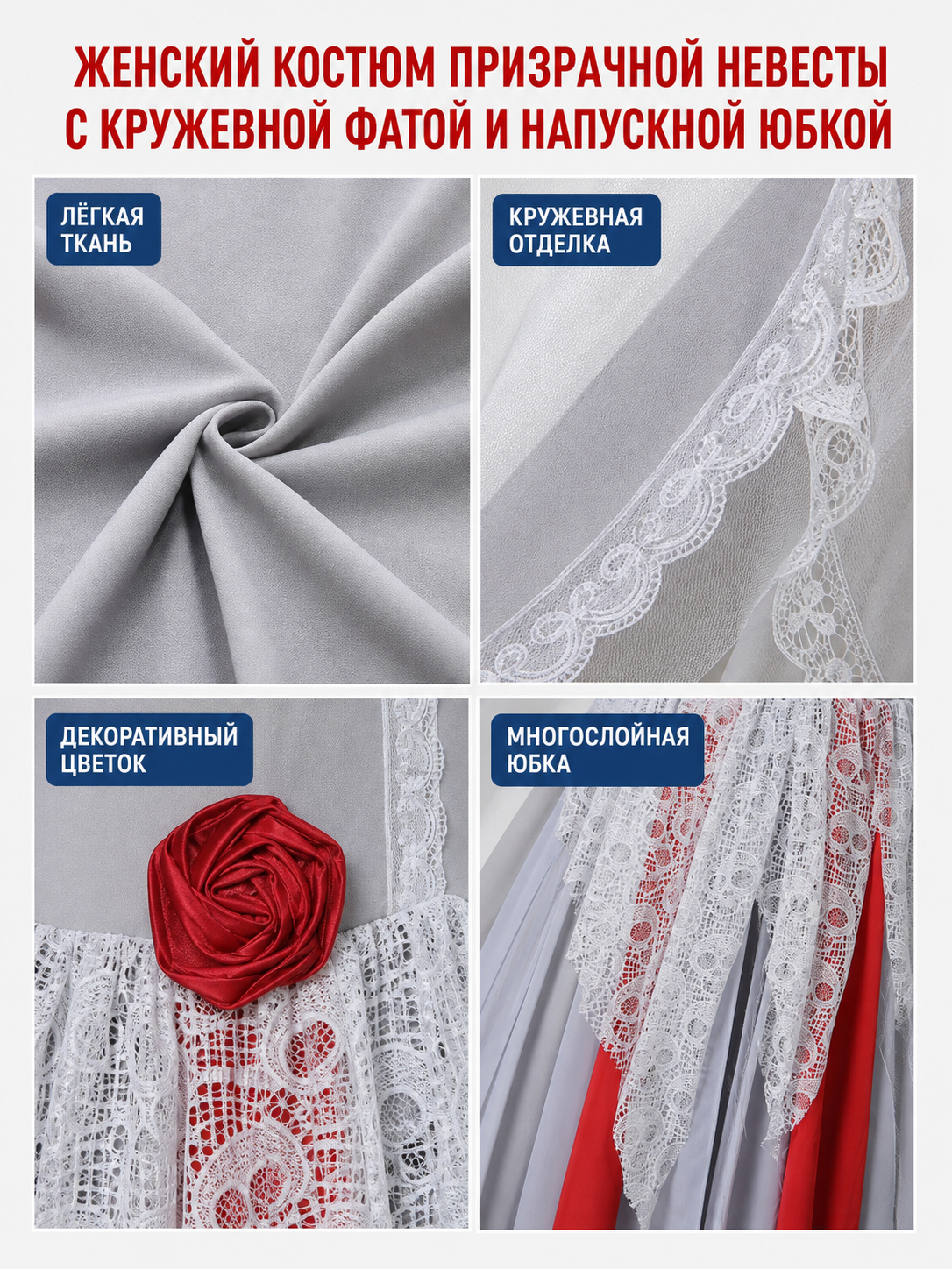 A retro court-inspired costume featuring a gray floor-length dress with white lace details and a veil. The design has a round neckline, long sleeves, a fitted bodice, and a flared skirt. White lace overlay appears on the sleeves and lower p