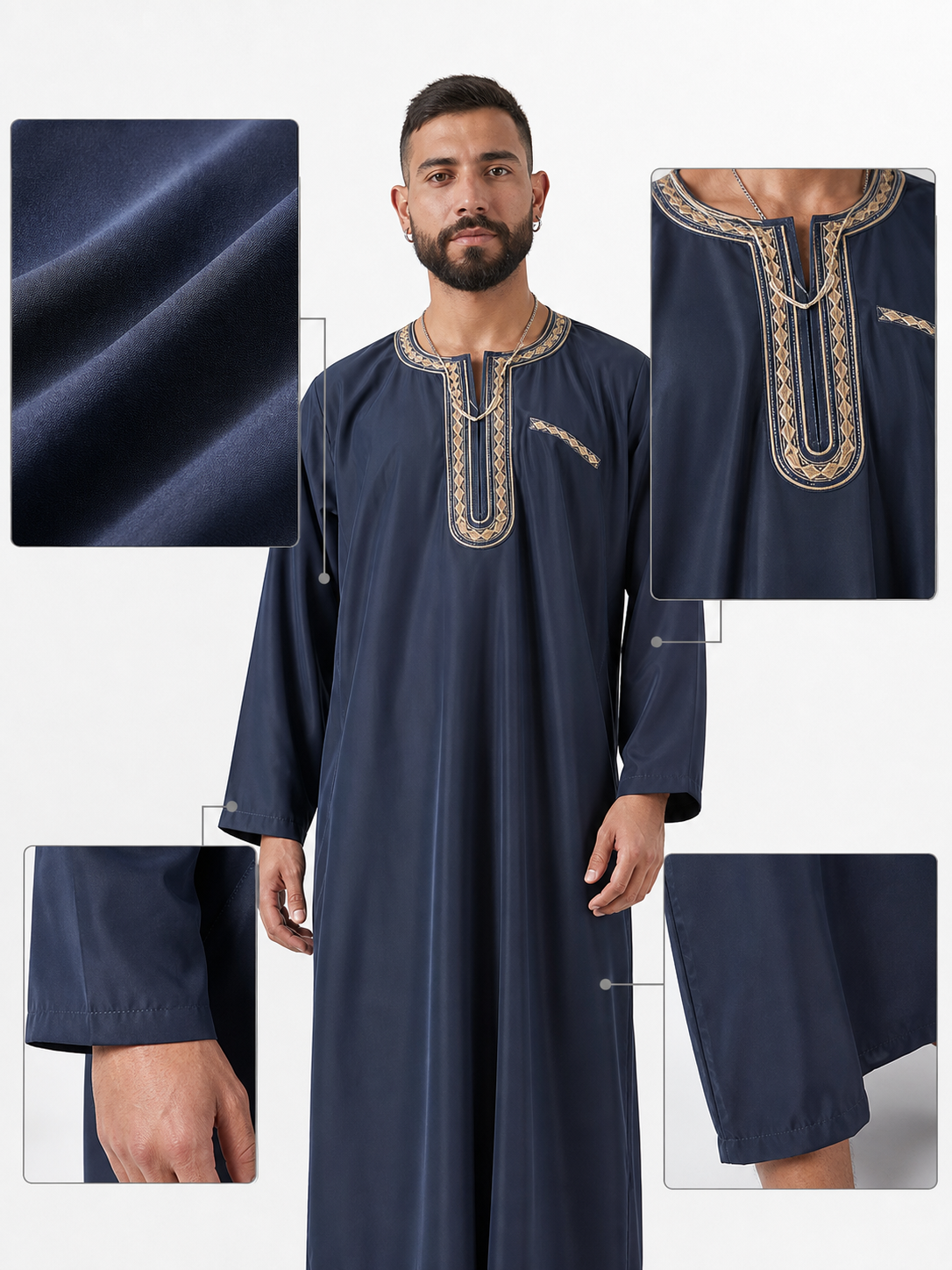 Men's Traditional Islamic-Inspired Long Robe, Deep Navy Blue Full-Length Tunic With Embroidered Trim For Modest Wear