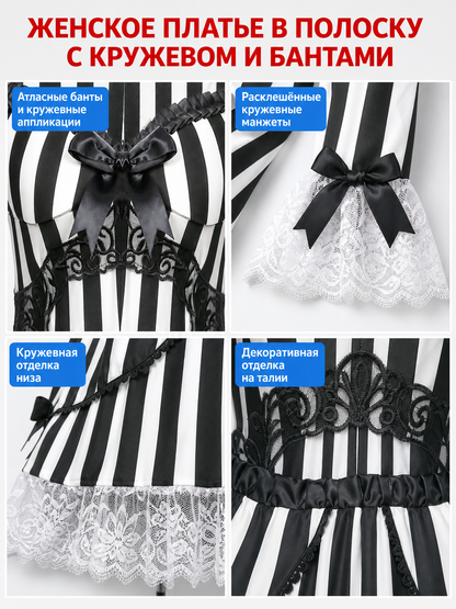 Gothic Striped Dress with Lace and Bow